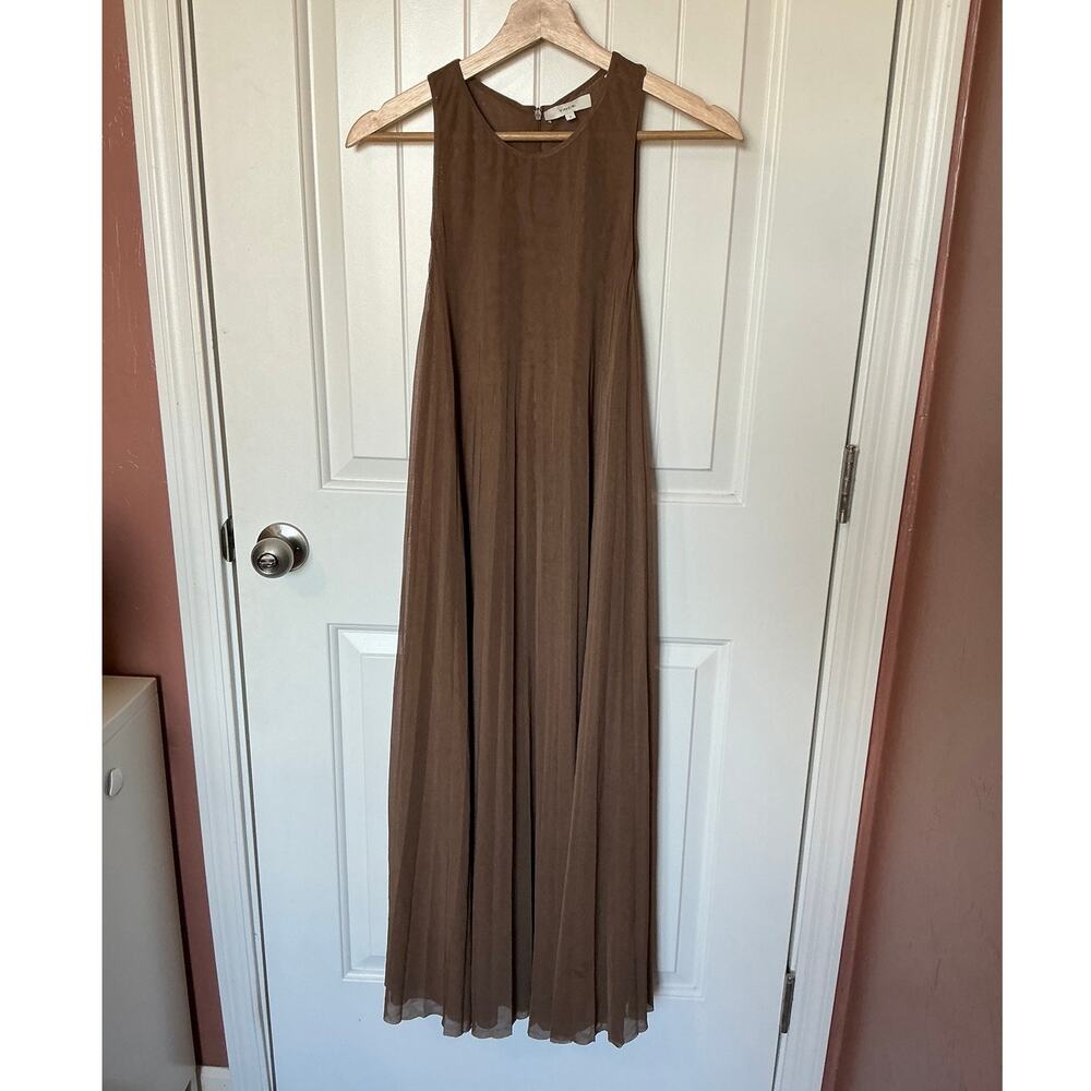 Vince Women's High Neck Pleated Sleeveless Dress Small Brown